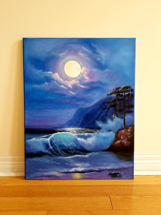 Moonlight Reflection. Original Oil Painting on Canvas. Sea Landscape. Tropical. Sky and Sea. Mother's Day Gift. Wall Art. Home Decor.