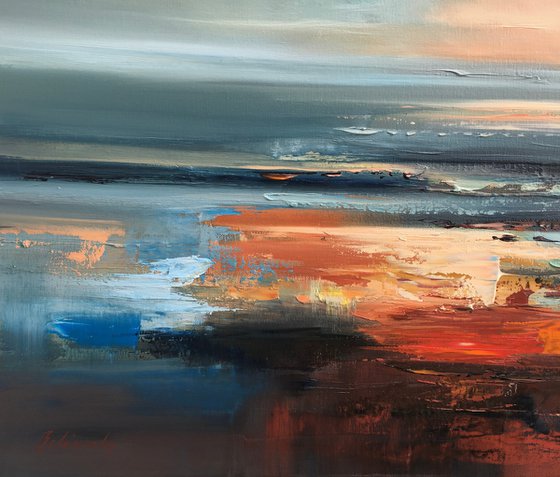 Silent arrival - 70 x 90 cm abstract landscape oil painting in blue and red