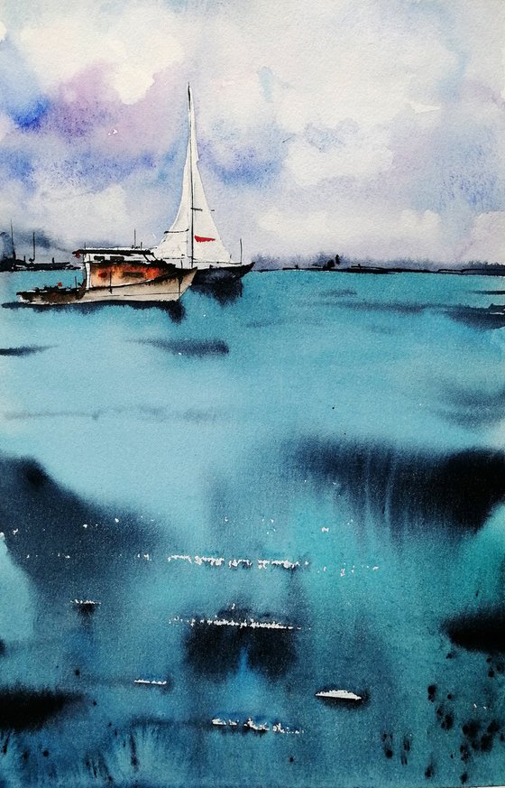 Sailboat painting. Seascape