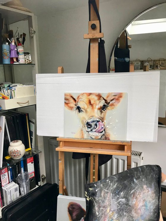 Messy Fred -  Original Oil Painting Jersey Cow, Resin 16x12"