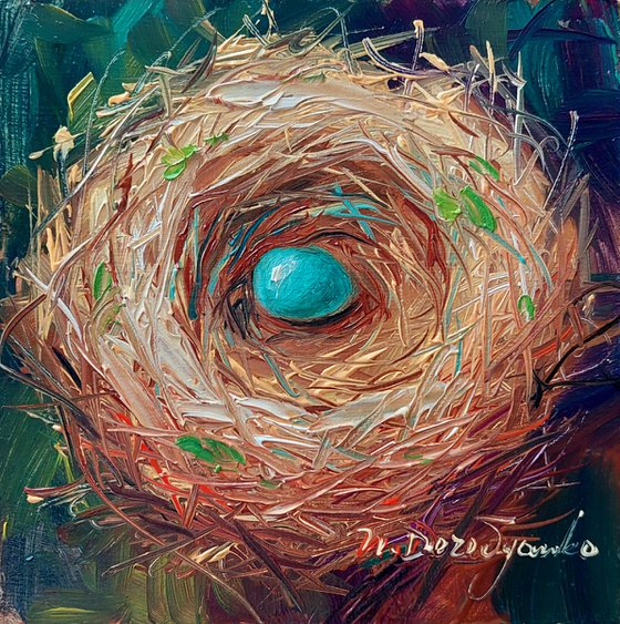 Nest oil painting original 4x4 in frame, Unique blue bird egg miniature oil painting wall art framed, Small painting gift