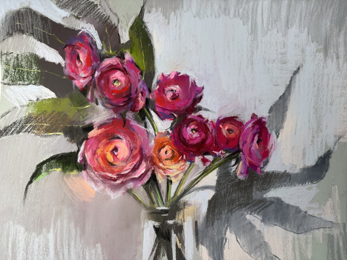 Expressive Pastel Drawing , Bouquet Of Ranunculus By Olena Hromova, 28 X 20, Artwork For Sale On Artfinder