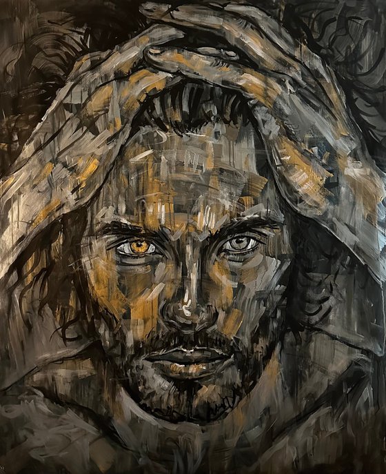 Large male portrait handsome bearded man painting