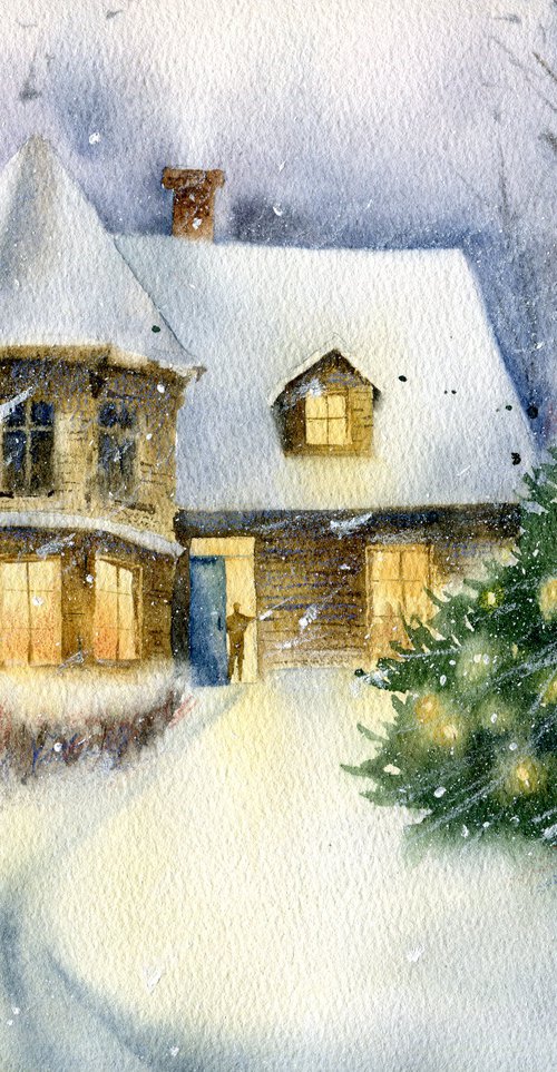 Waiting for guests. Cozy cottage with a decorated Christmas tree in the yard. Watercolor artwork. by Evgeniya Mokeeva