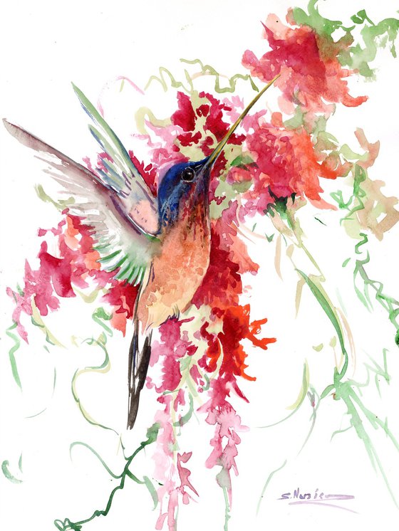 Hummingbird and Red Flowers