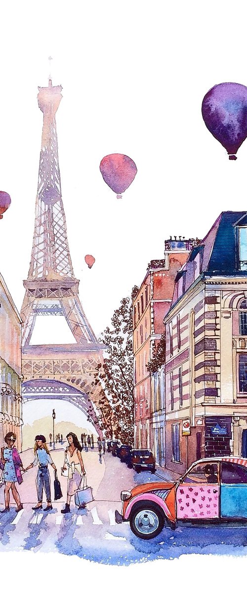 Eiffel Tower in Paris and Retro Citroen 2CV by Anastasia Mamoshina