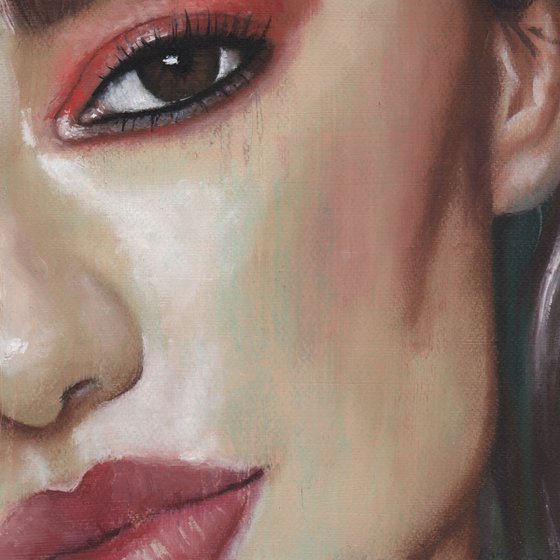 Lauren - beauty oil painting of women female on paper grey and orange tones makeup closeup