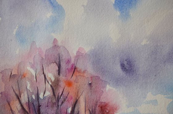 Spring blooming trees original watercolor painting