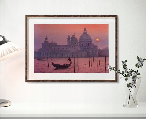 Gondola with Santa Maria Della Salute at pink sunset - Grand canal - Venice - Venezia - Venetia - Italy -  Gondolier