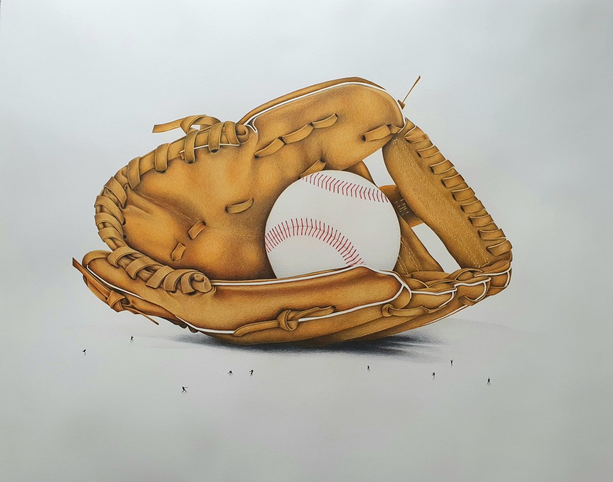 Urban And Pop Still Life Pencil Drawing By Daniel Shipton, 60 X 48, Hey Batter Batter Batter: Baseball Mitt, Original Artwork