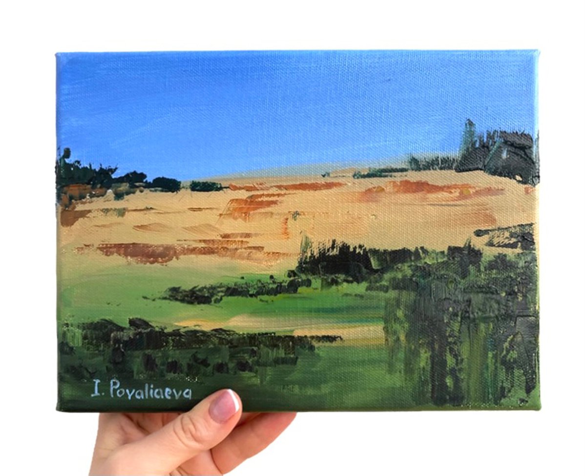 Sunny countryside original oil on canvas painting, blue sky artwork, decor for kitchen, li... by Irina Povaliaeva