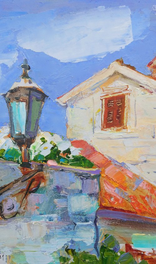 Roofs of the city of Perast. Montenegro . Original plein air oil painting . by Helen Shukina