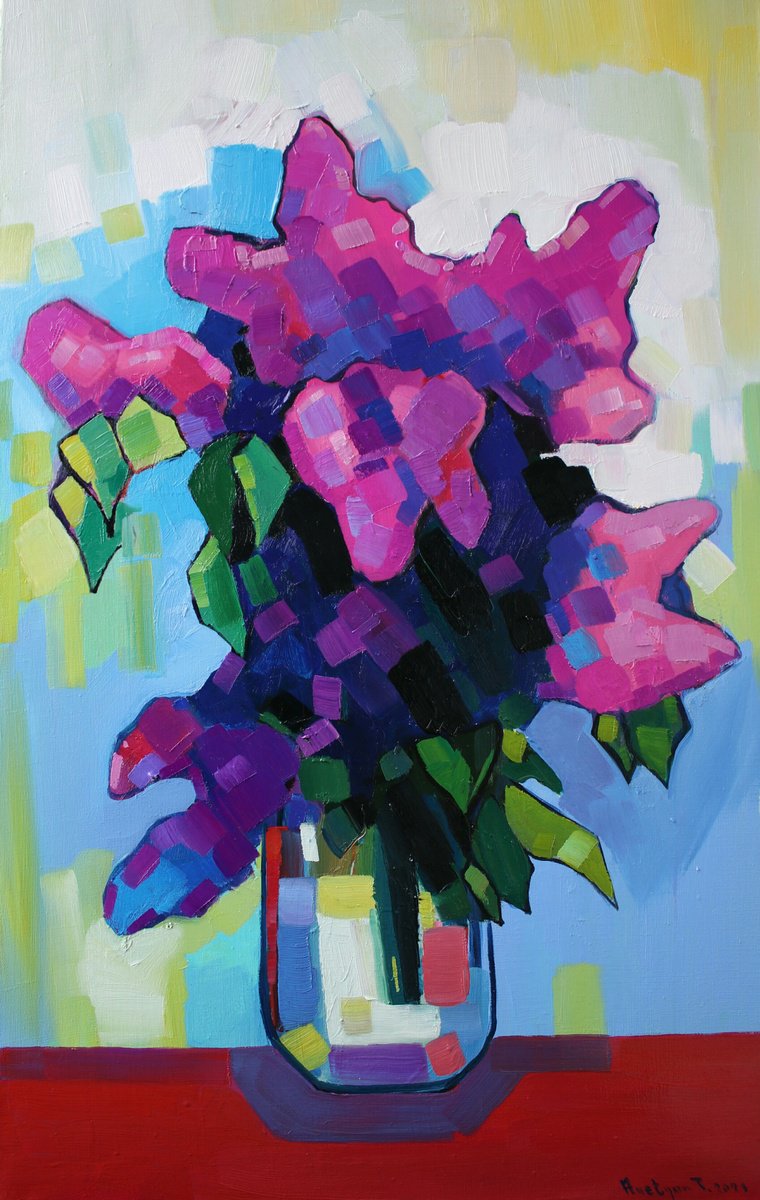 Impressionistic Still Life Oil Painting By Tigran Avetyan, 20 X 31", Lilac Flowers, Original Artwork