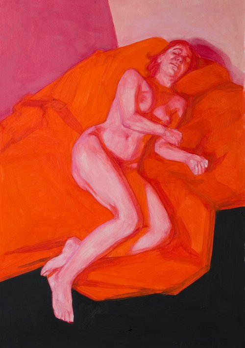 modern portrait of a nude woman in red pink and black by Olivier Payeur