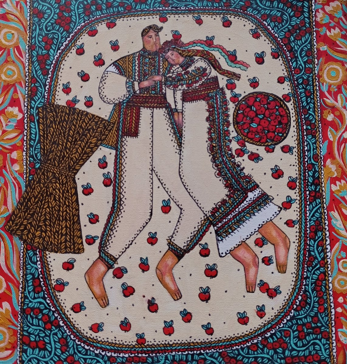 Naive Portrait Acrylic Painting By Tetiana Osadchuk, 12 X 12", Nice Time., Original Artwork