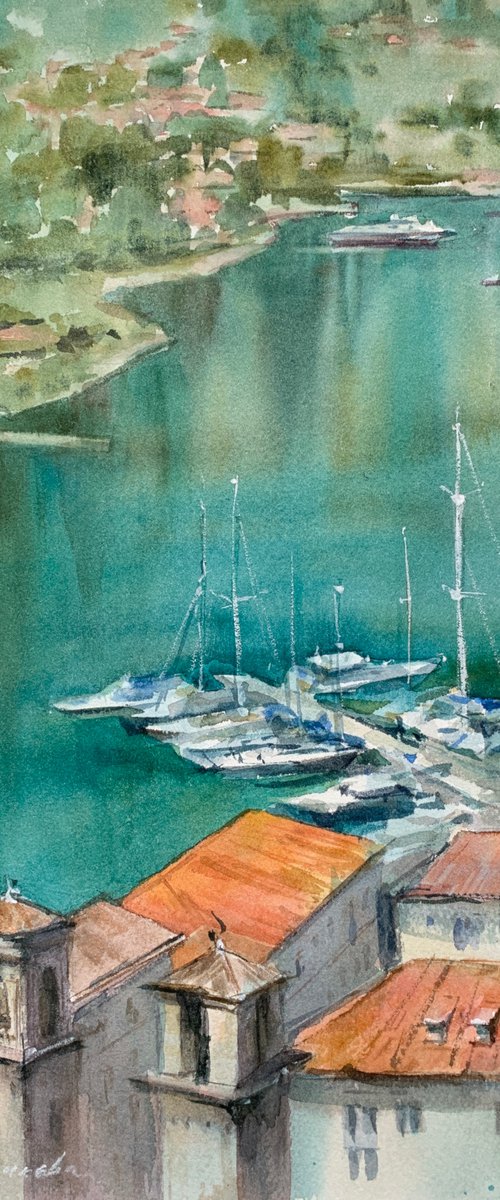 Kotor. View of the old town and bay. Watercolour by Marina Trushnikova. Ceascape. Architectural scenery. Plain air artwork. by Marina Trushnikova