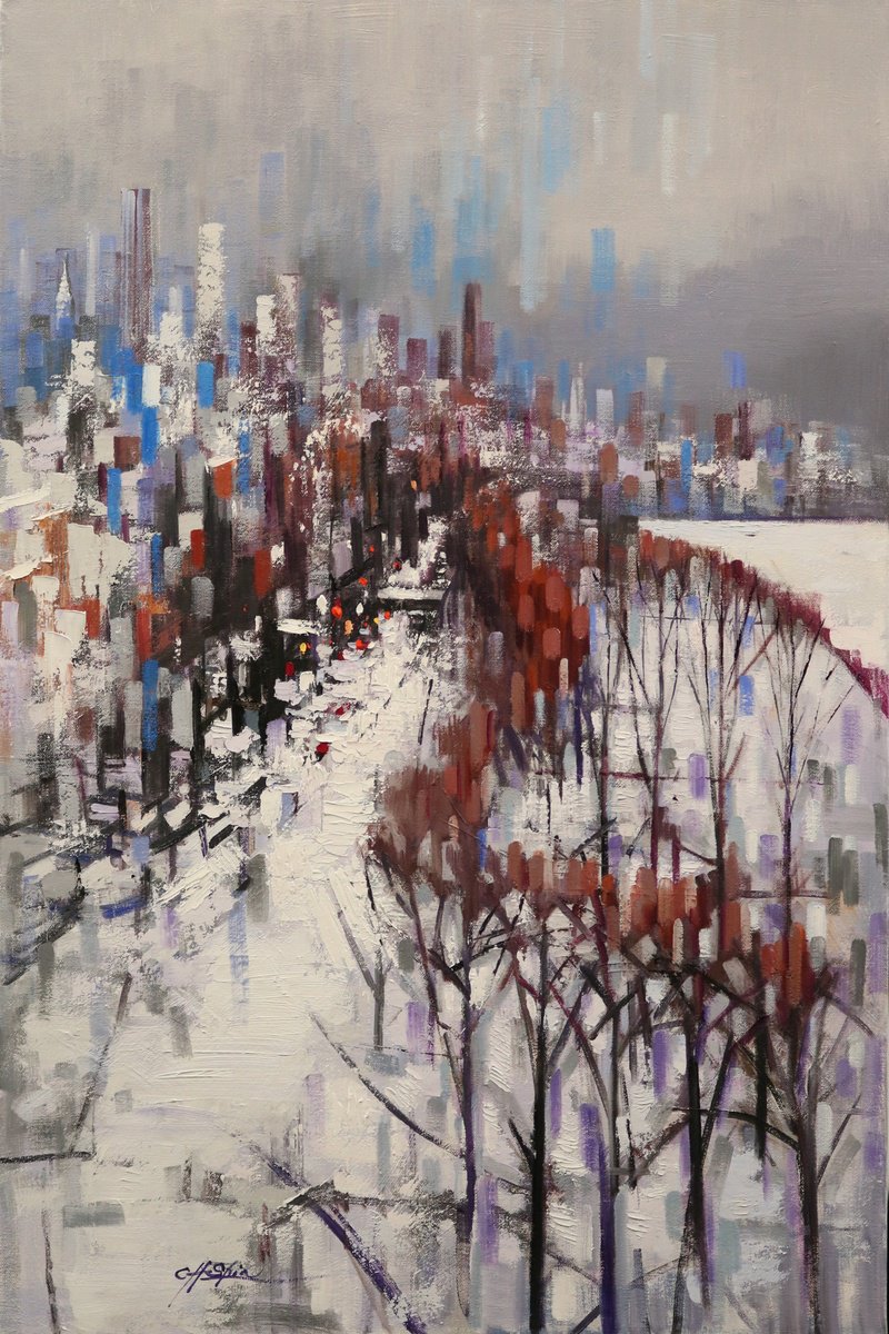 Expressive Oil Painting , Entering New York In Winter By Chin H Shin, 24 X 36, Artwork For Sale On Artfinder