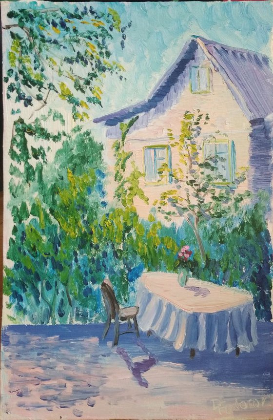 Table in the garden of the Country House Plein Air Painting