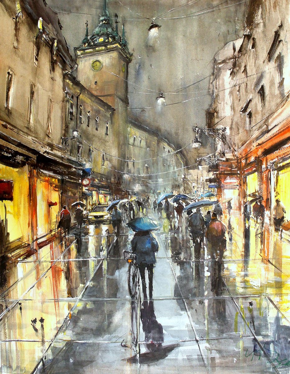 Impressionistic Cityscapes Watercolour By Maximo Damico, 20 X 26", Rainy Scene In Brno, Original Artwork