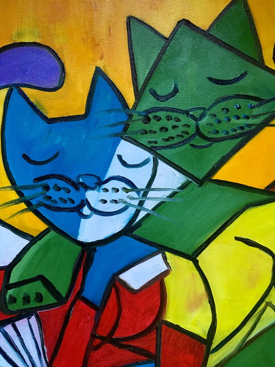 Cat version of “Two girls reading” by Pablo Picasso. Painting  for cat lovers.