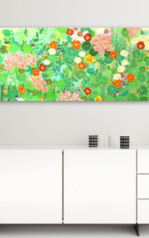 My little garden  (large landscape format colourful painting of flowers and plants in an expressionist style) by Carolynne Coulson