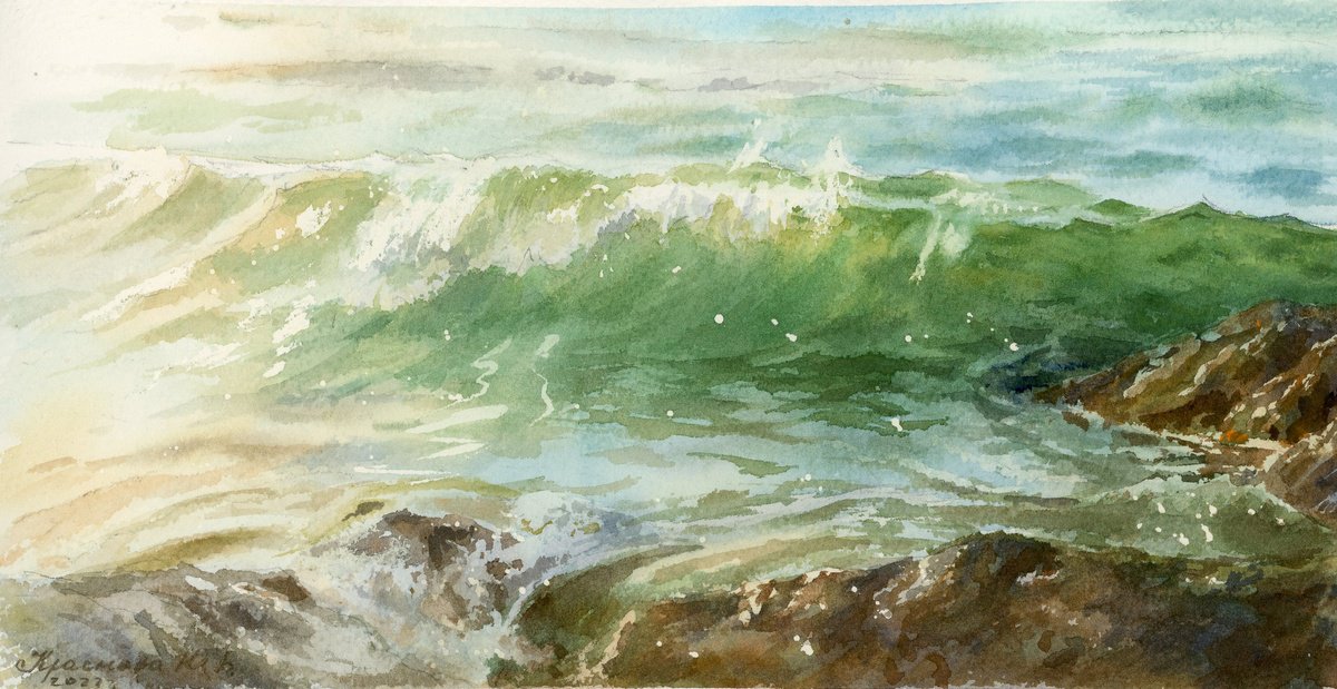 Photorealistic Landscape Watercolour By Yulia Krasnov, 11 X 6", Sea Shore, Original Artwork