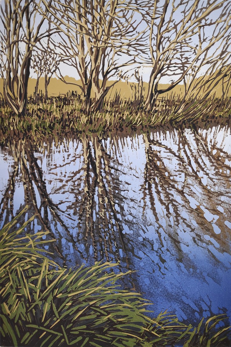 Impressionistic Landscape Linocut By Alexandra Buckle, 10 X 14, Winter Reflections, Original Artwork