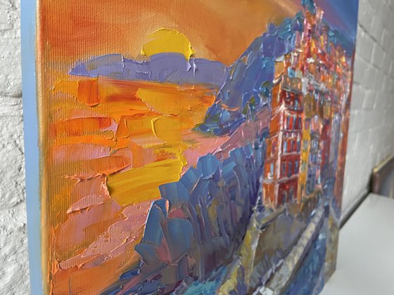 ''Bright sunset''. Seascape. City by the sea. original oil painting.