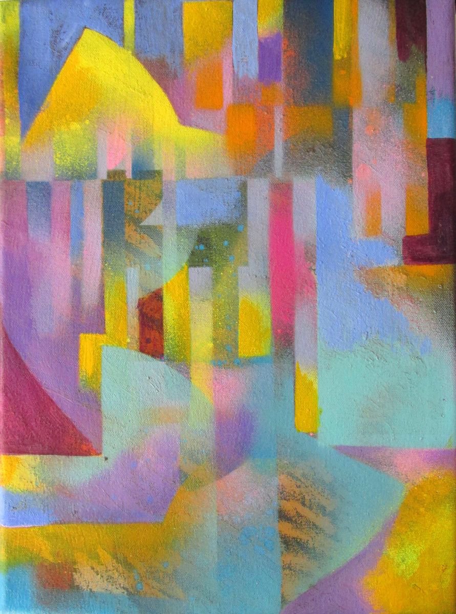 Geometric Abstract Acrylic Painting By Alfred Ng, 12 X 16, Urban Composition, Original Artwork