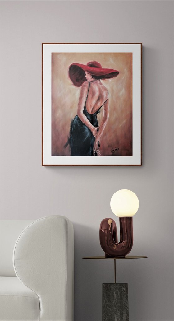 Woman with red hat - original erotic oil on canvas painting