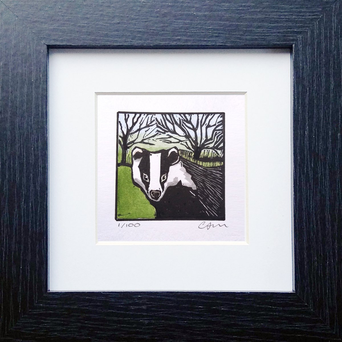 Brock Badger - miniature hand painted linocut print - Framed and ready to hang by Carolynne Coulson