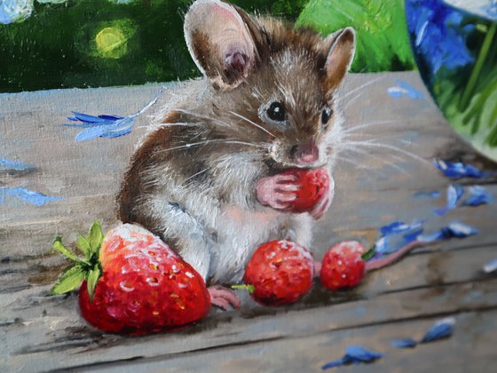 Still life with Blue Flowers and curious little mouse among succulent strawberries