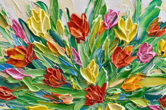 Spring Tulips - Impasto Flower Painting, Colorful Palette Knife Floral Artwork, Small Canvas, Gift for Mom