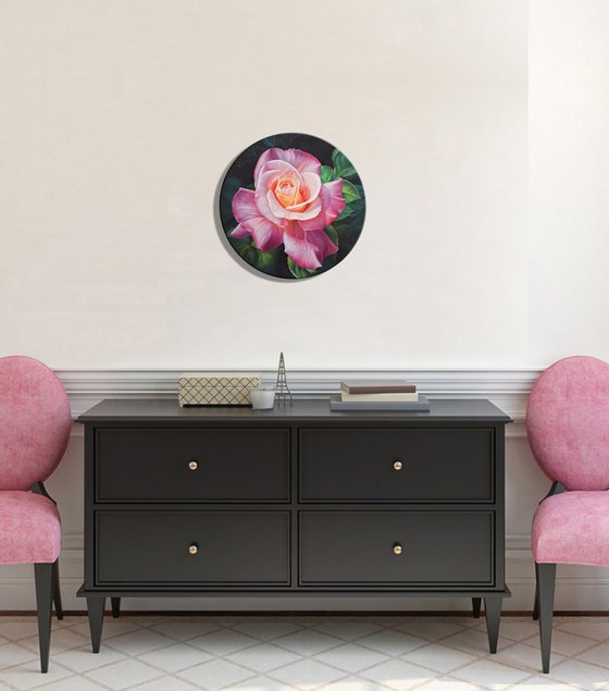 "Beauty in the garden", pink rose painting on round canvas