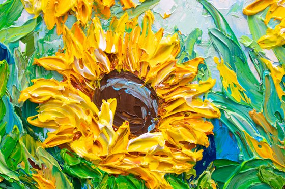 Sunflowers in the morning - Original Floral Painting on Canvas, Palette Knife Art, Textured Impasto Artwork