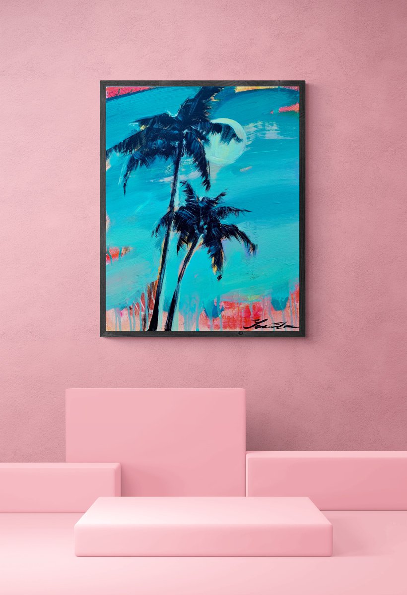 Expressionist painting - Pink sun rays - Pop Art - palms and sea - night seascape - 2022 by Yaroslav Yasenev