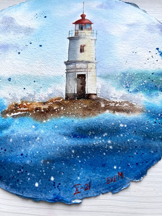 Vladivostok lighthouse. Original watercolor artwork.