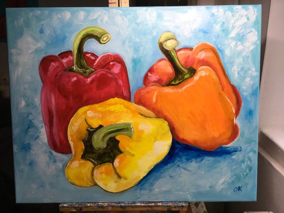 Still life with three peppers 71 x 56 cm. on turquoise background in oil on canvas.
