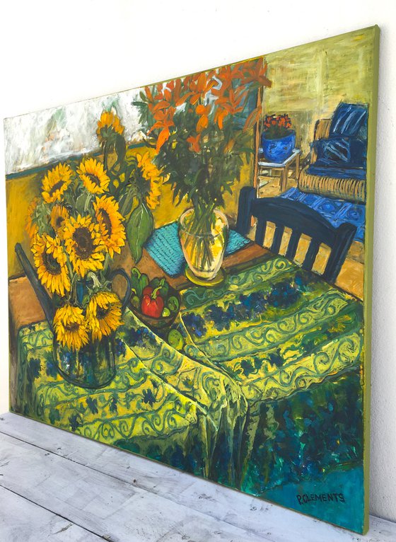 Sunflowers and French Tablecloth still Life, large,