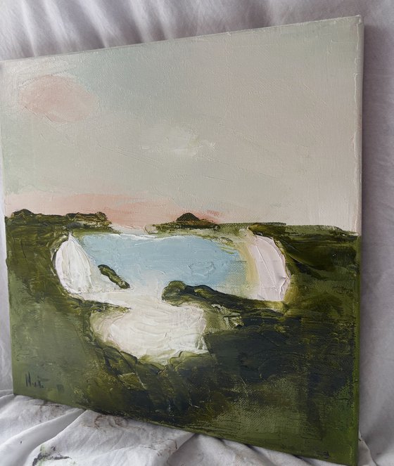 Impasto abstract seascape cliffs calm.
