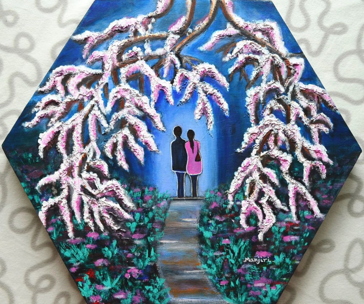 Romance under the Cherry Blossom colorful hexagonal romantic painting by Manjiri Kanvinde
