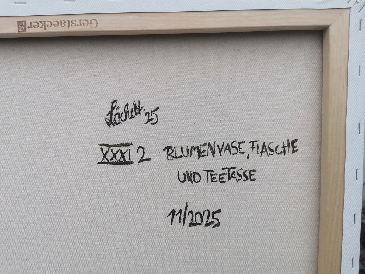 Expressive Still Life Acrylic Painting By Uli Lachelt, 24 X 16", Xxxi 2 - Flower Vase, Bottle And Teacup, Original Artwork