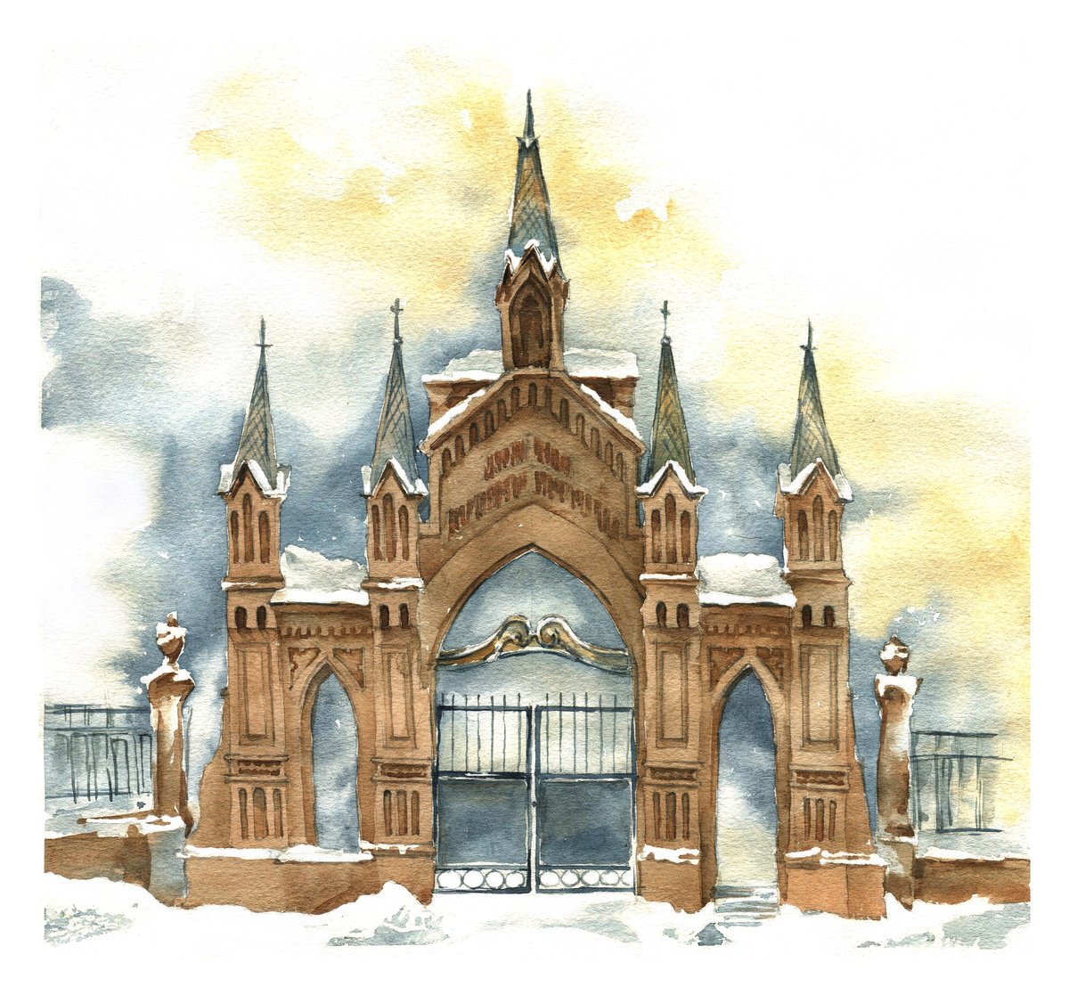 Brick gate architectural sketch in watercolor by Ksenia Selianko