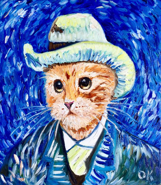 Cat in a hat La Van Gogh dressed in a smart suite. Version of famous self portrait of  Vincent Van Gogh