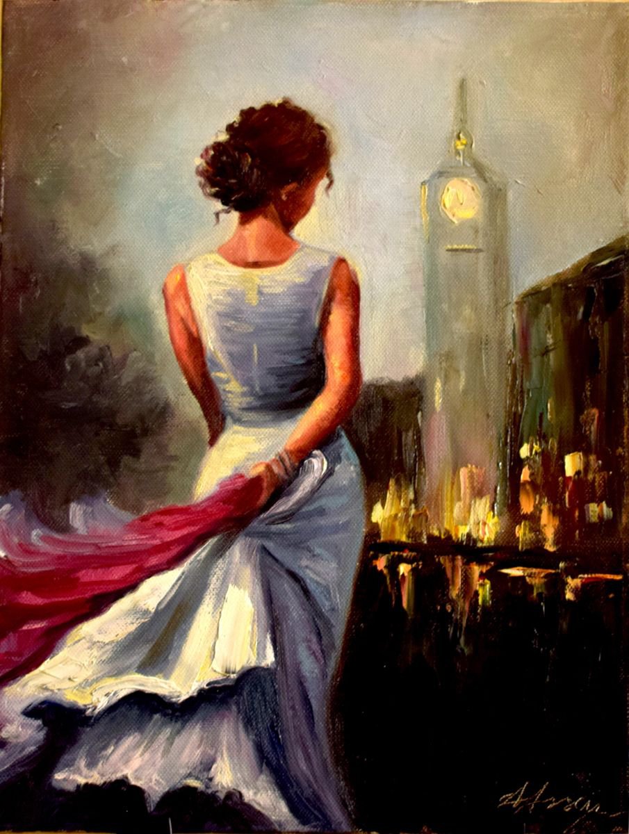 Cityscape Evening in London Lanscape Woman Figure Back White Dress Red Scarf by Anastasia Art Line
