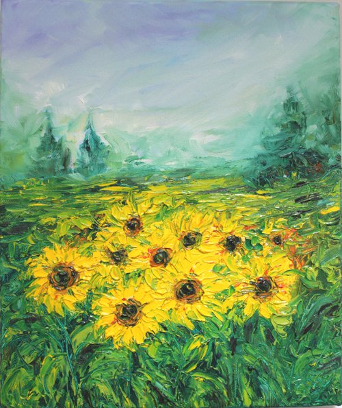 Morning Glory, Sunflower fields - Oil painting Palette Knife Textured Artwork - Impressionistic landscape - Van gogh inspired by Vikashini Palanisamy