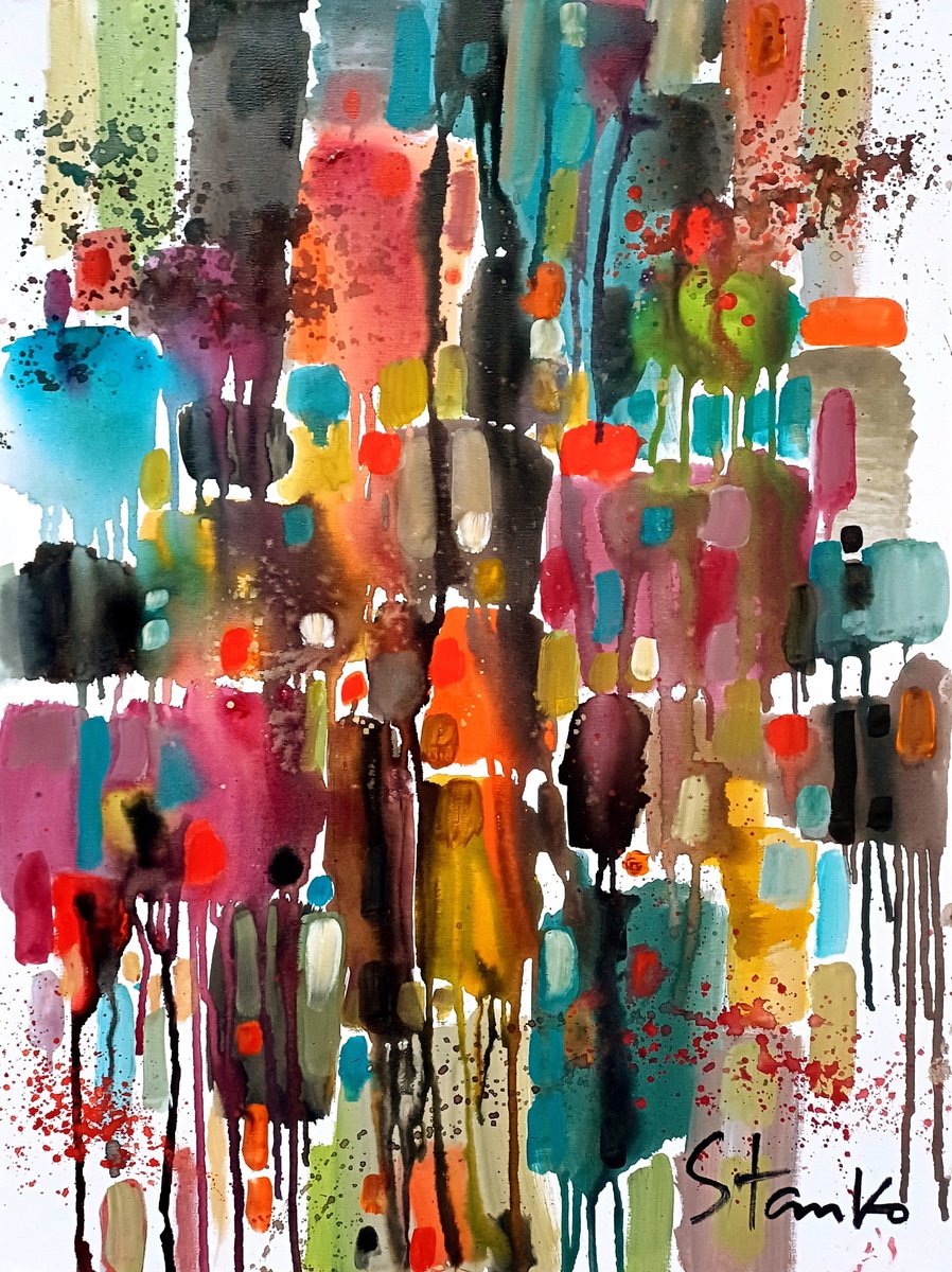 Abstract Acrylic Painting By Stanislav Bojankov, 24 X 31", Rainy Music-Ii, Original Artwork