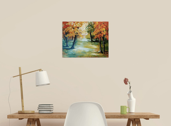 Autumn morning, original landscape with trees and leaves, gift