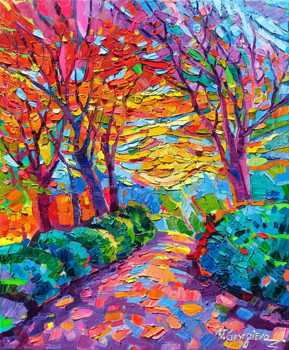 Expressive Landscape Oil Painting By Vanya Georgieva, 20 X 24", The Patch Of Gold And Shadows, Original Artwork