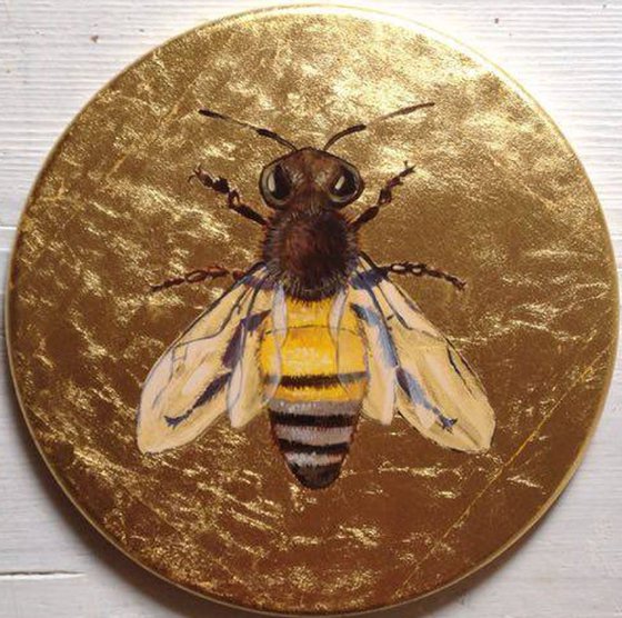 My Little Golden Honeybee Oil Painting on Round Lacquered Golden Leaf Canvas Frame